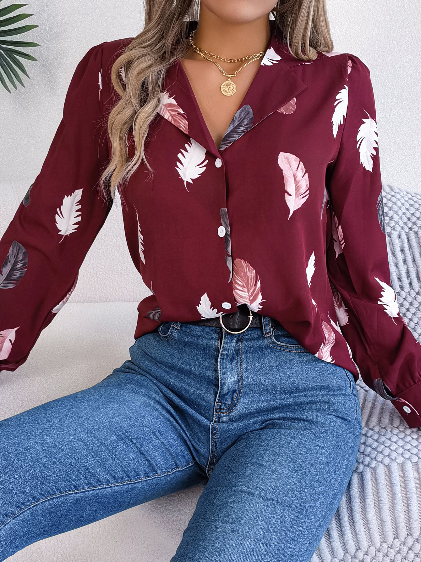 Burgundy Feather Print Regular Fit Shirt