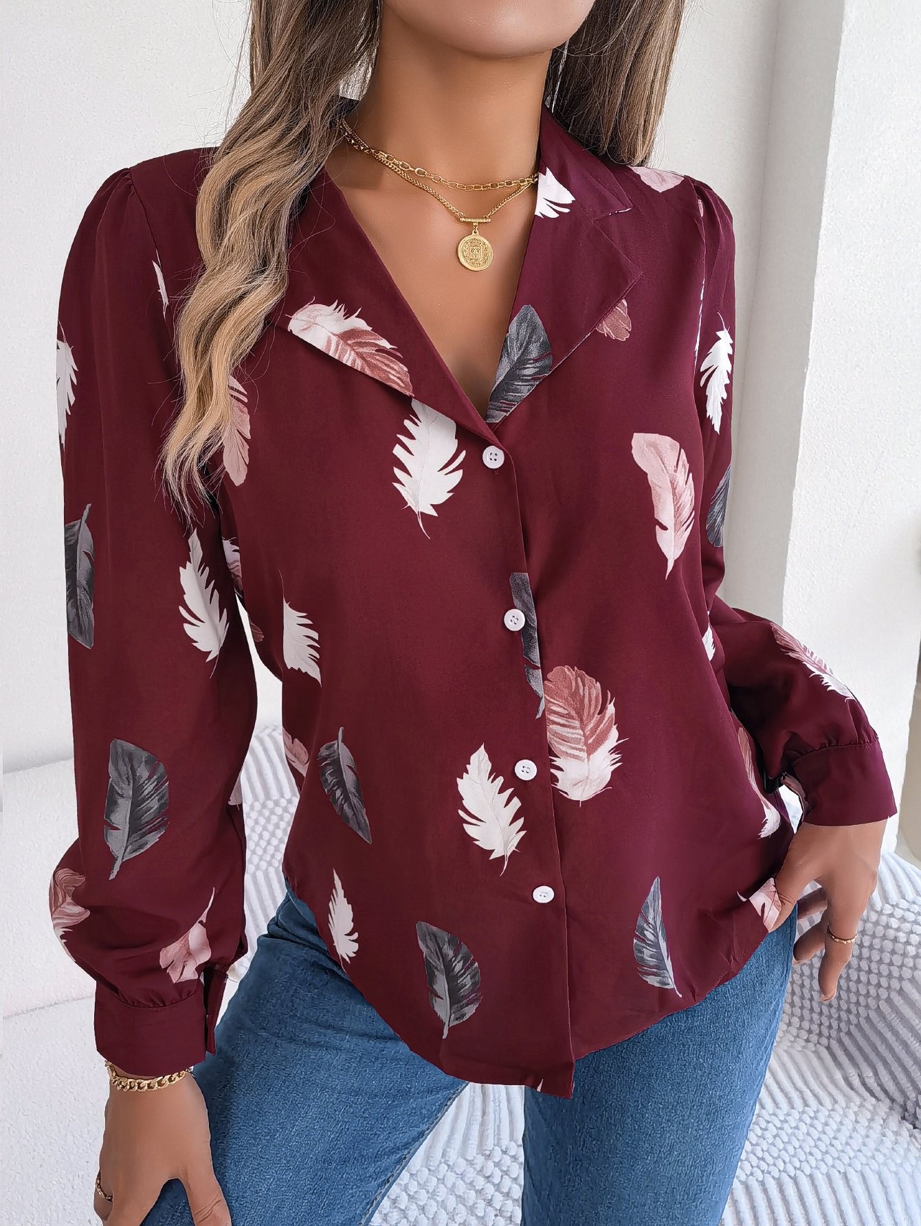 Burgundy Feather Print Regular Fit Shirt