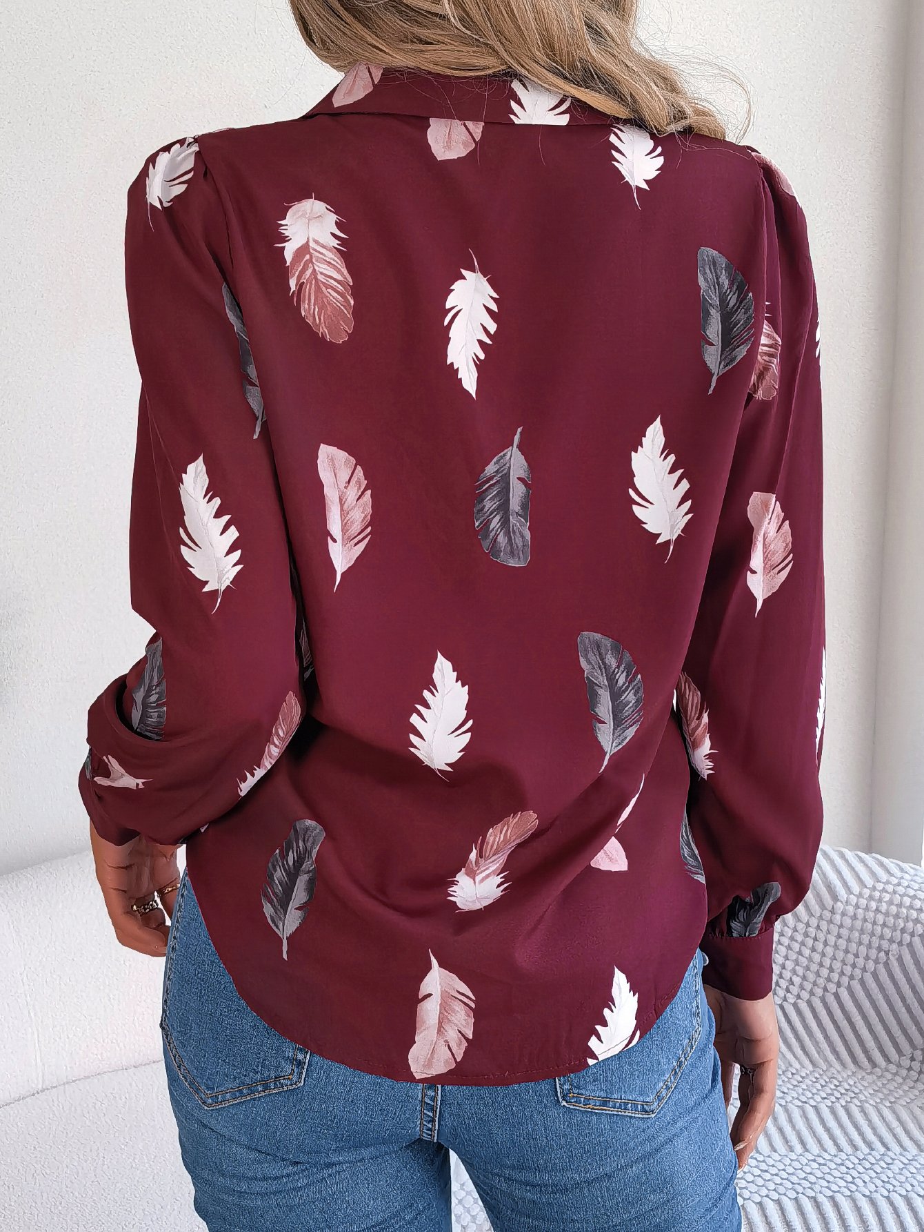 Burgundy Feather Print Regular Fit Shirt