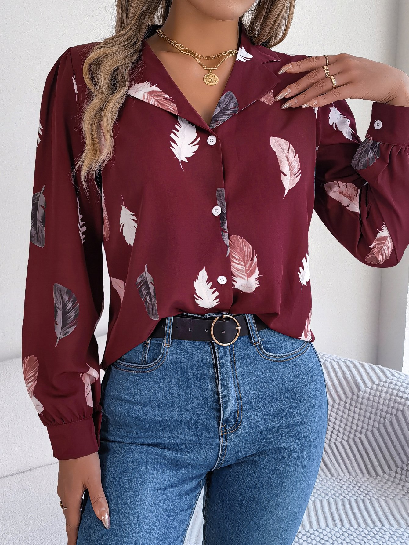 Burgundy Feather Print Regular Fit Shirt