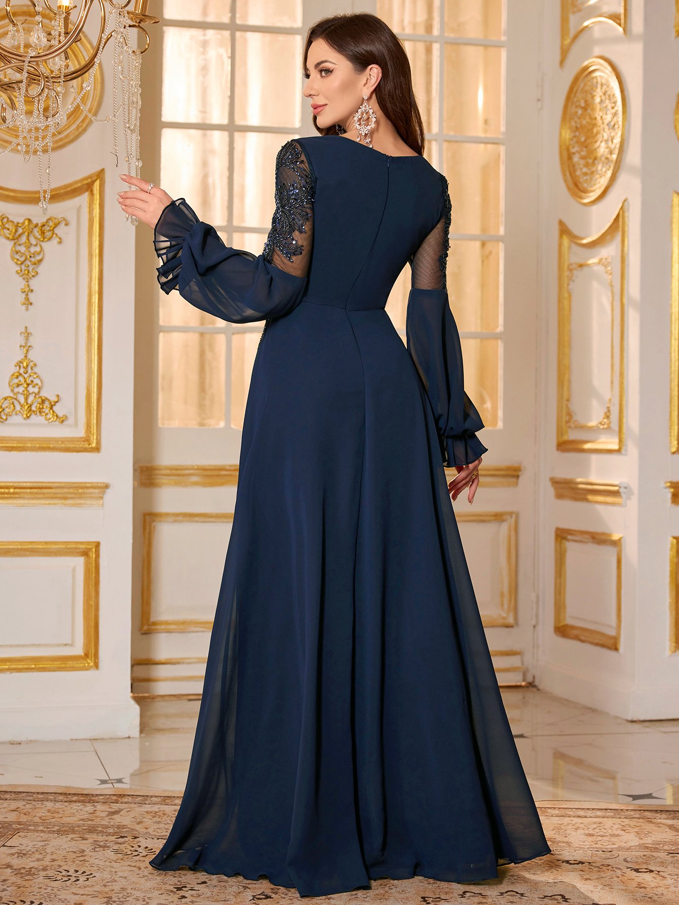Navy Blue Embellished A-Line Maxi Evening Dress