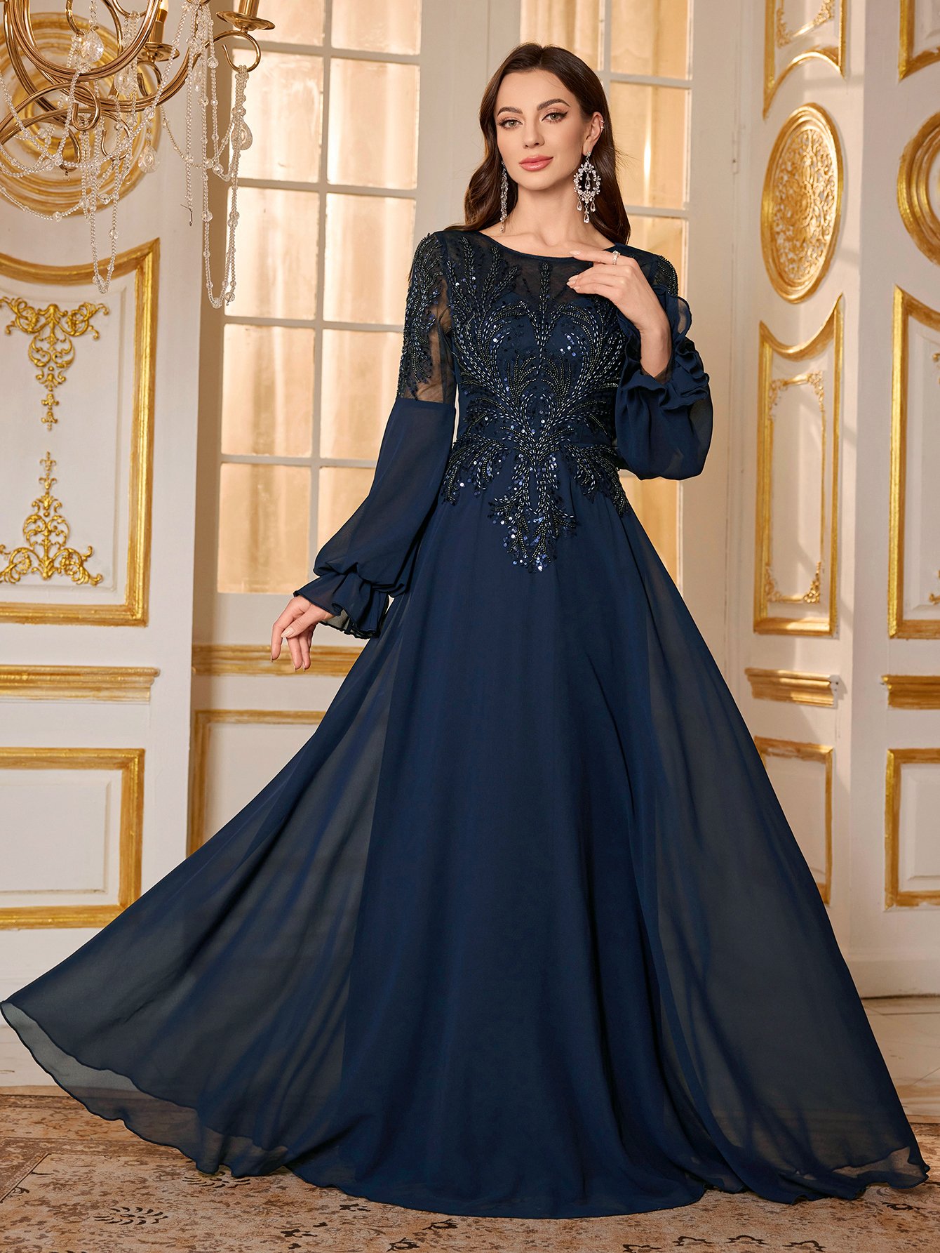 Navy Blue Embellished A-Line Maxi Evening Dress