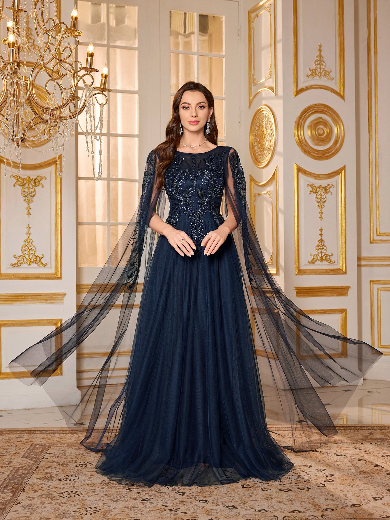 Navy Blue Embellished Mesh Cape A-Line Maxi Evening Dress