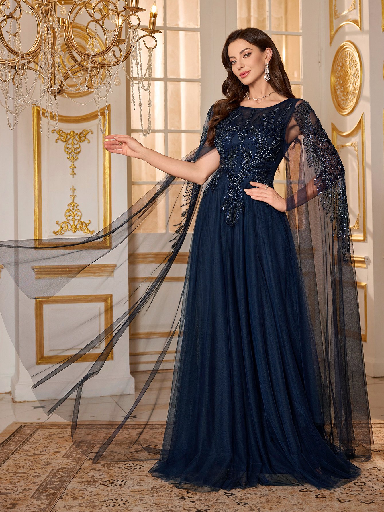 Navy Blue Embellished Mesh Cape A-Line Maxi Evening Dress