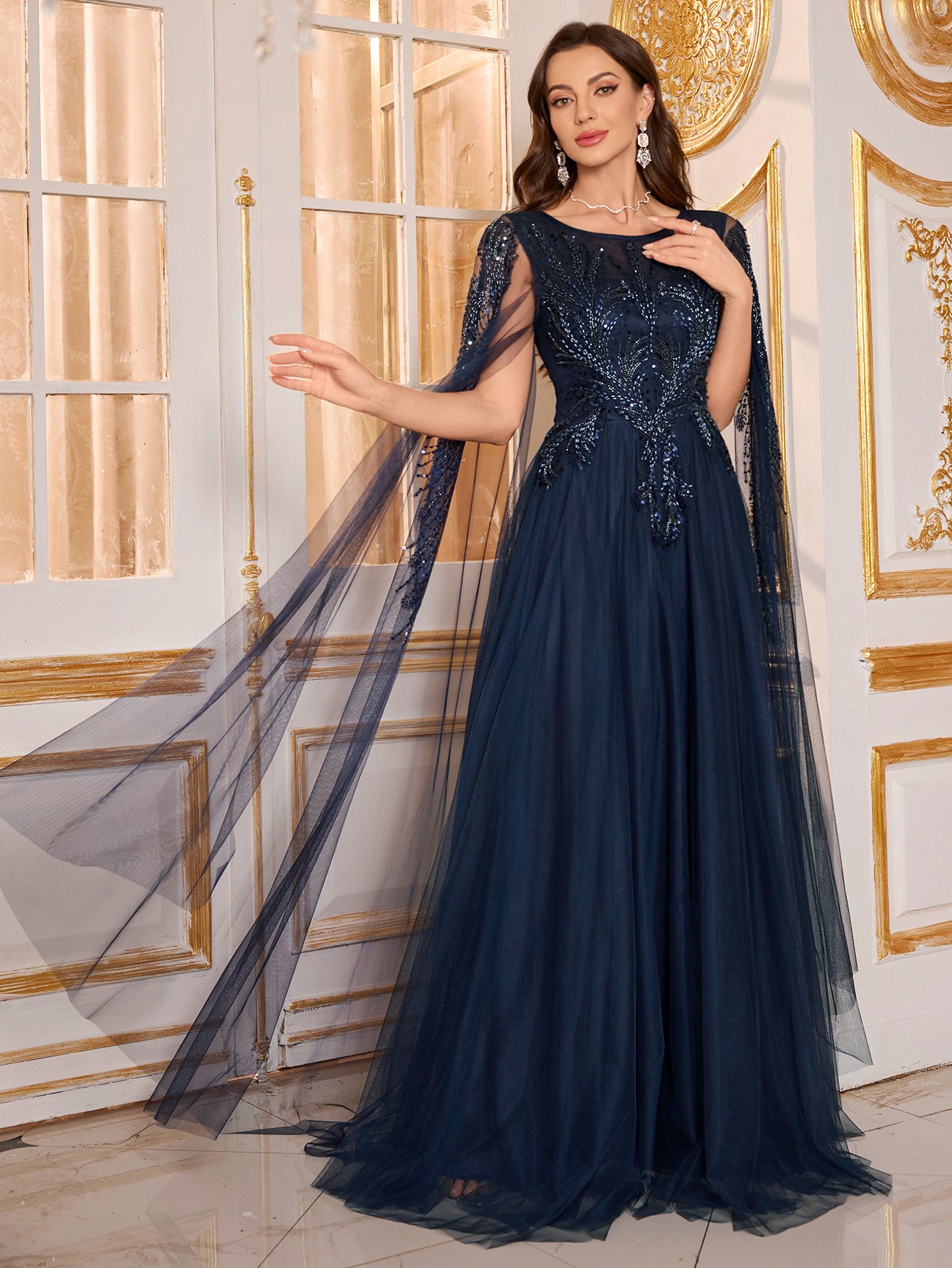 Navy Blue Embellished Mesh Cape A-Line Maxi Evening Dress