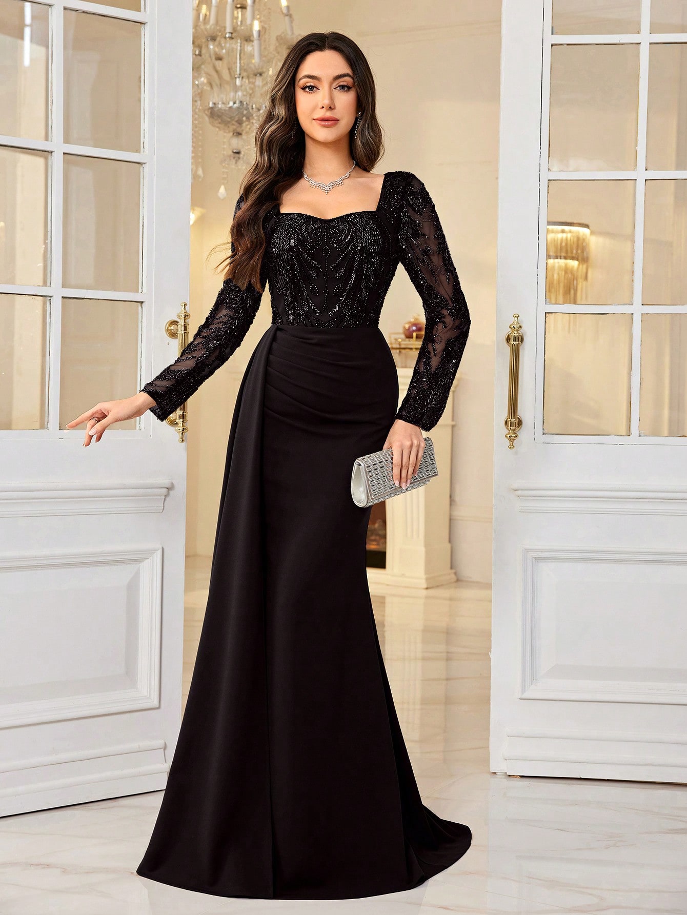 Black Sequin Bodice Maxi Dress