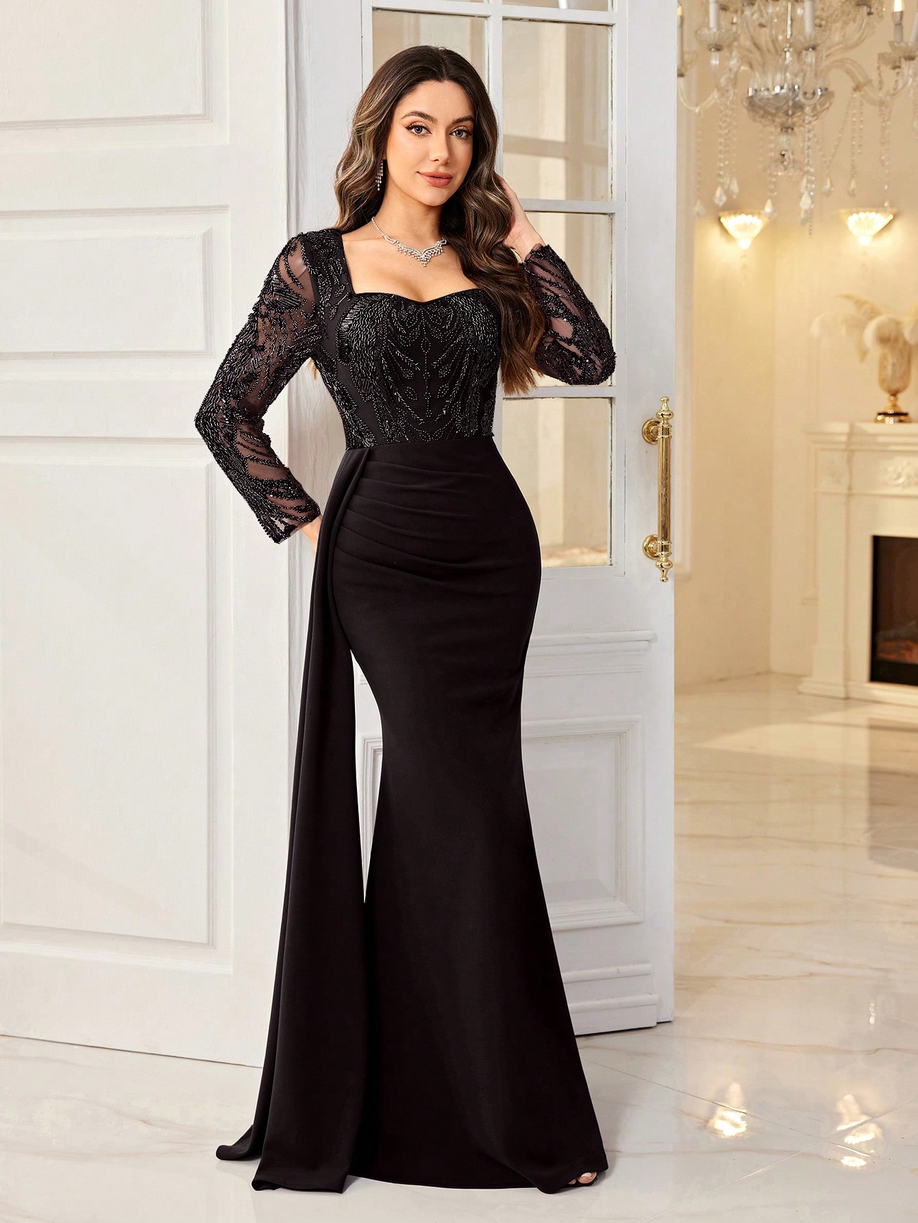Black Sequin Bodice Maxi Dress