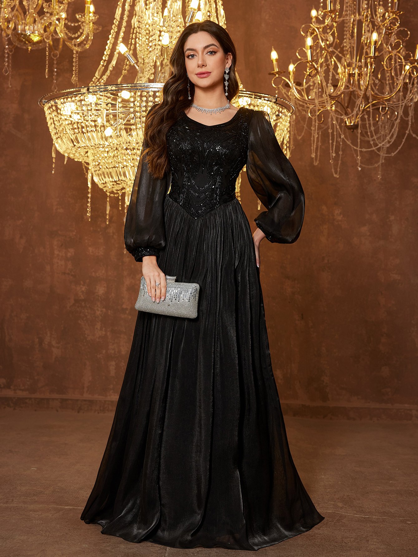 Black Maxi A-Line Dress with Long Sleeves