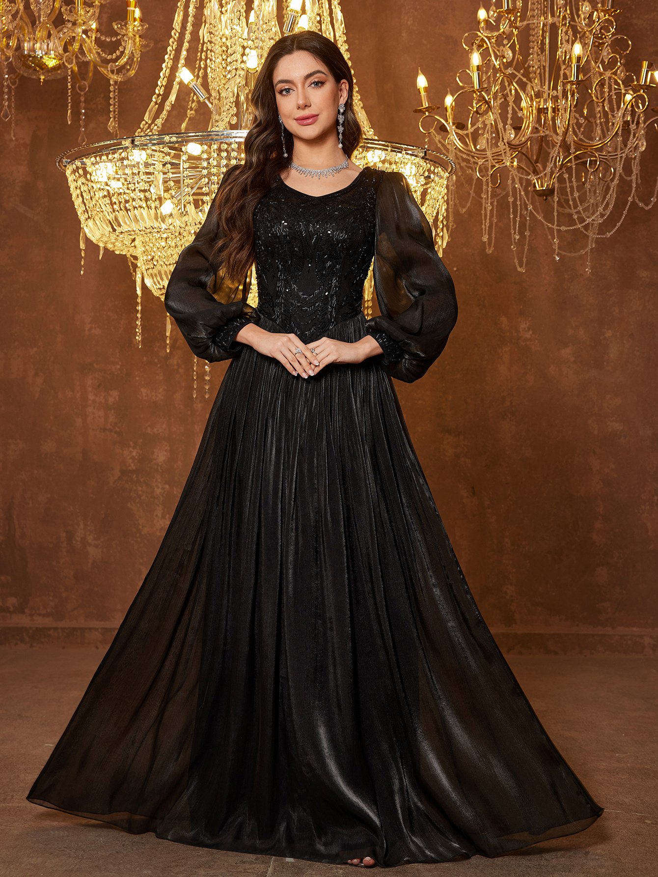 Black Maxi A-Line Dress with Long Sleeves