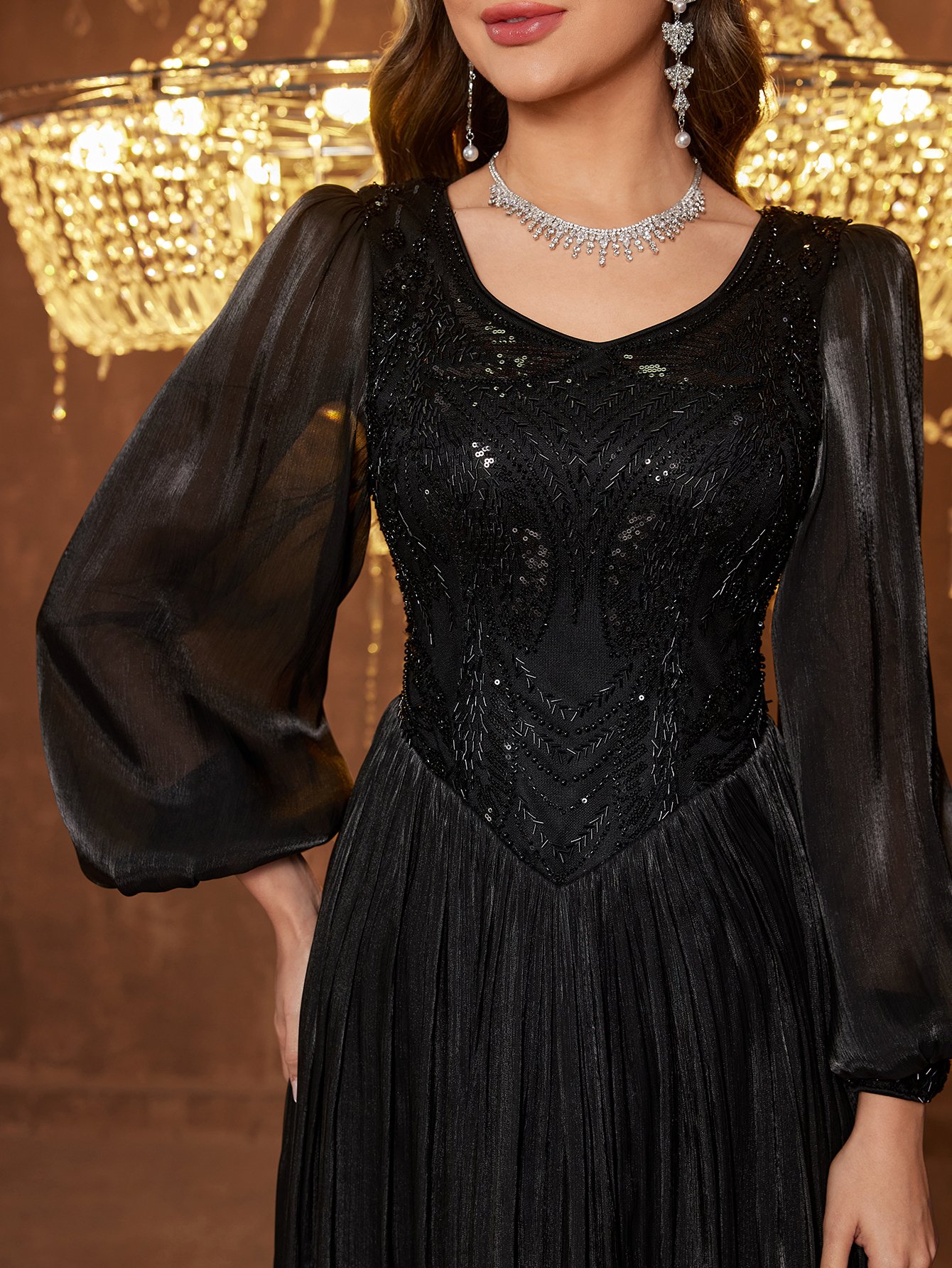 Black Maxi A-Line Dress with Long Sleeves