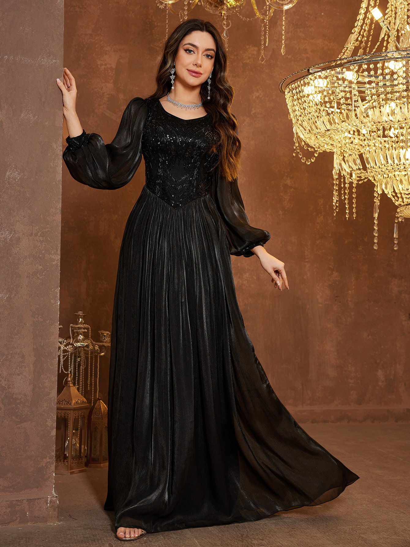 Black Maxi A-Line Dress with Long Sleeves