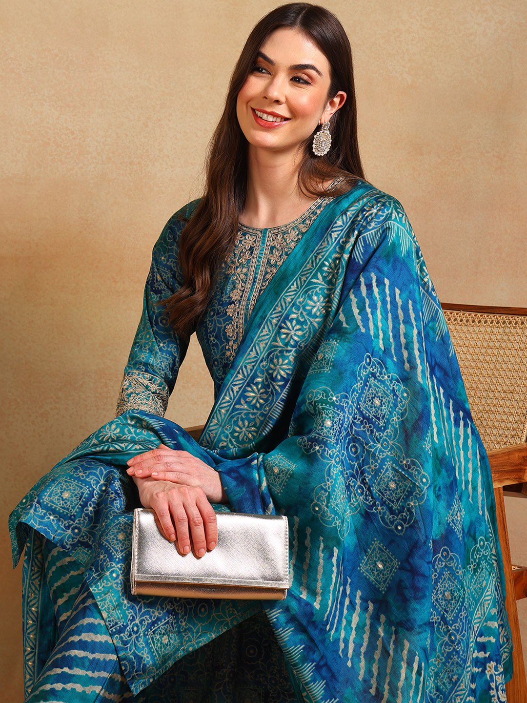 Teal Printed Kurta Set with Dupatta and Trousers
