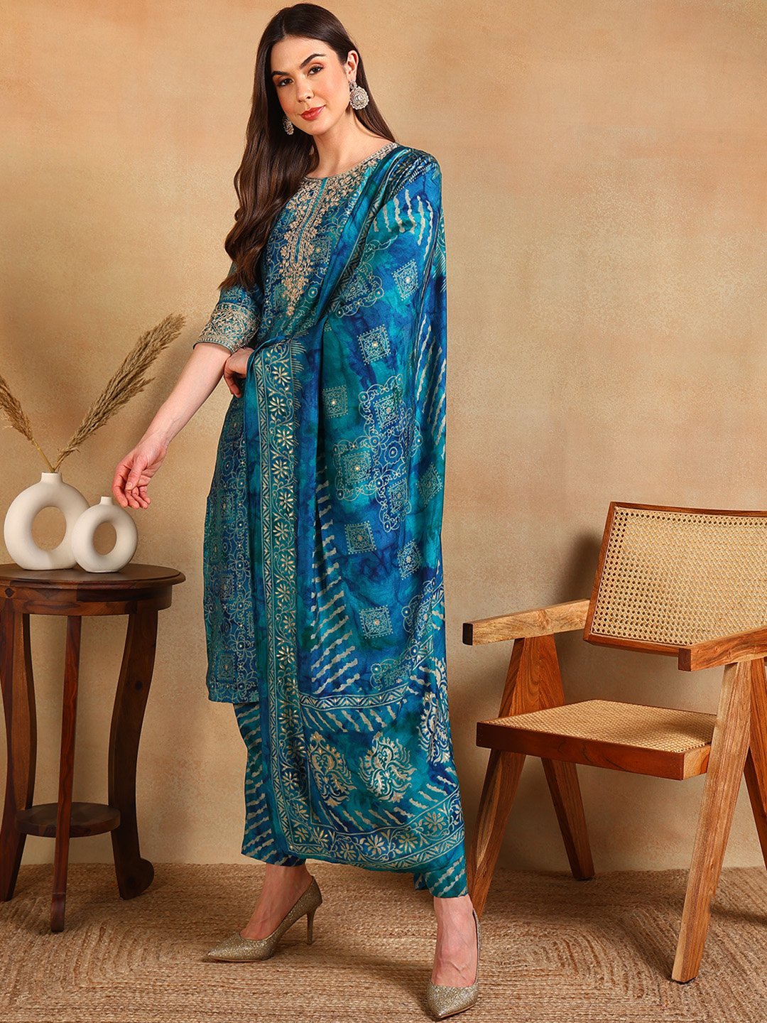Teal Printed Kurta Set with Dupatta and Trousers