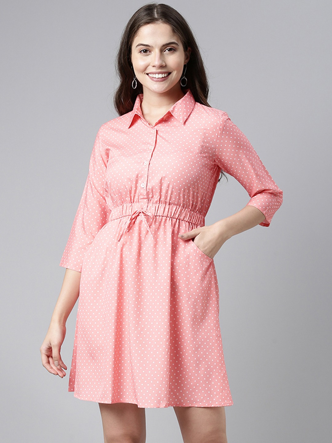 AHIKA Pink Polka Dot Crepe Mini Dress with Collar and 3/4 Sleeves