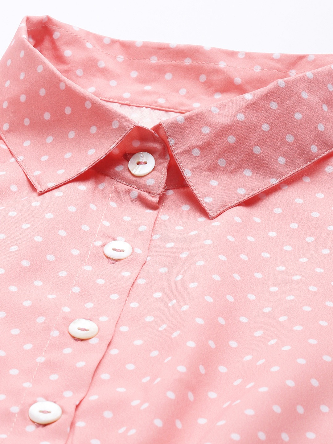 AHIKA Pink Polka Dot Crepe Mini Dress with Collar and 3/4 Sleeves