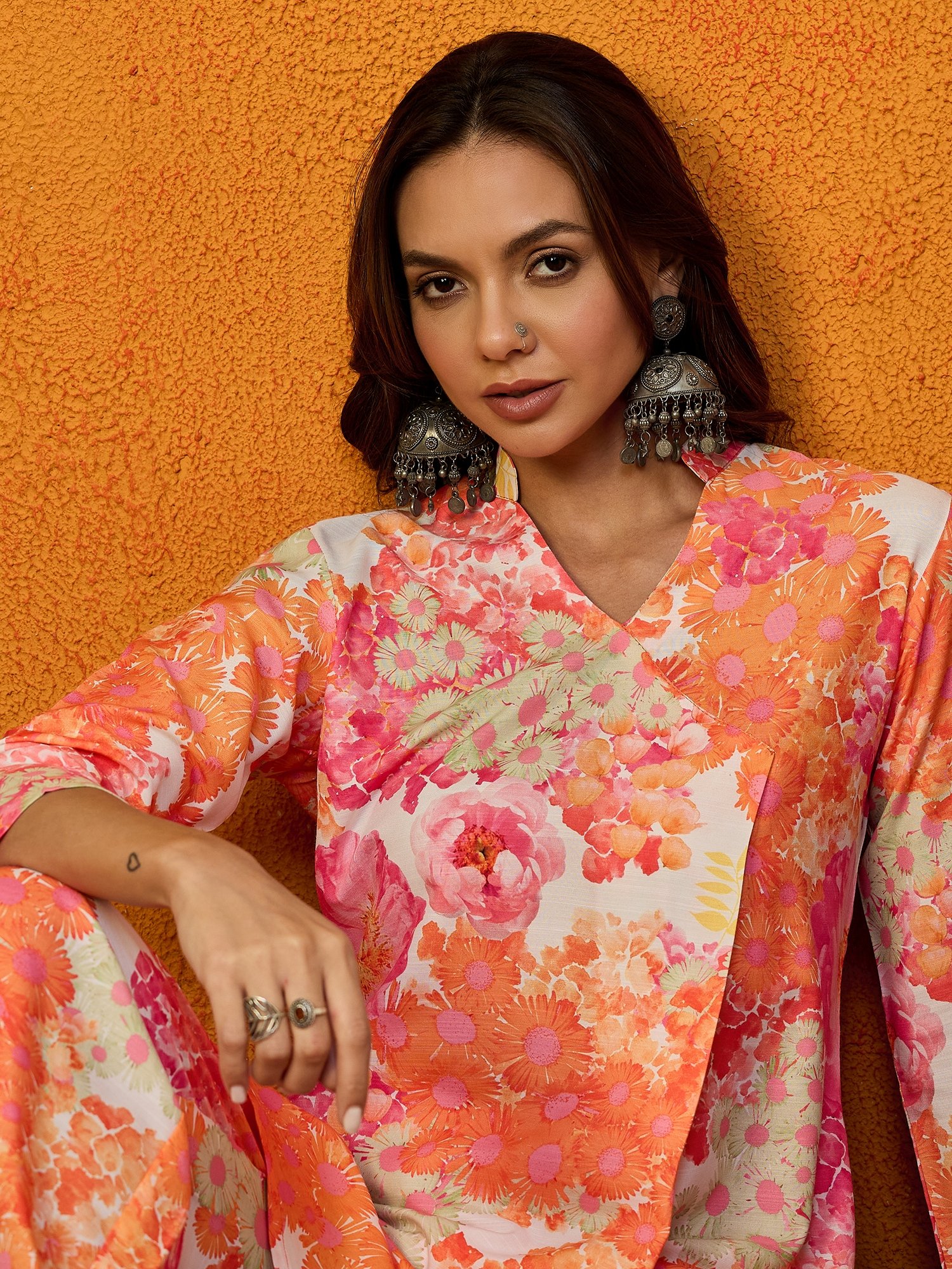 Orange Floral Viscose Co-ord Set with Mandarin Collar and Trousers