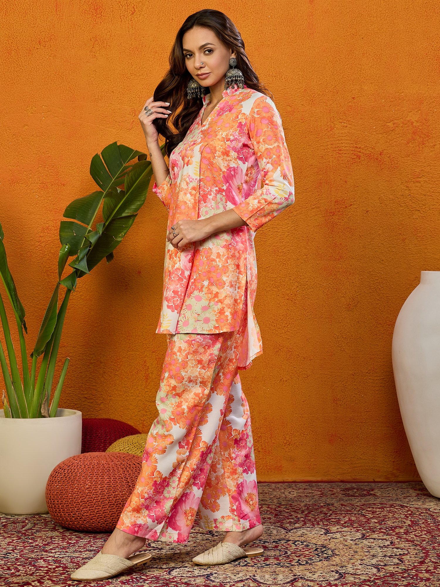 Orange Floral Viscose Co-ord Set with Mandarin Collar and Trousers