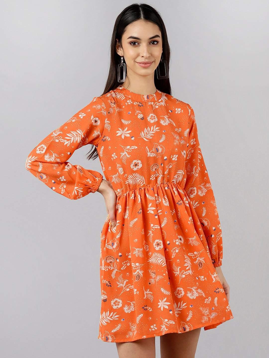 Womens Orange Floral Mandarin Collar Mini Dress with Puff Sleeves