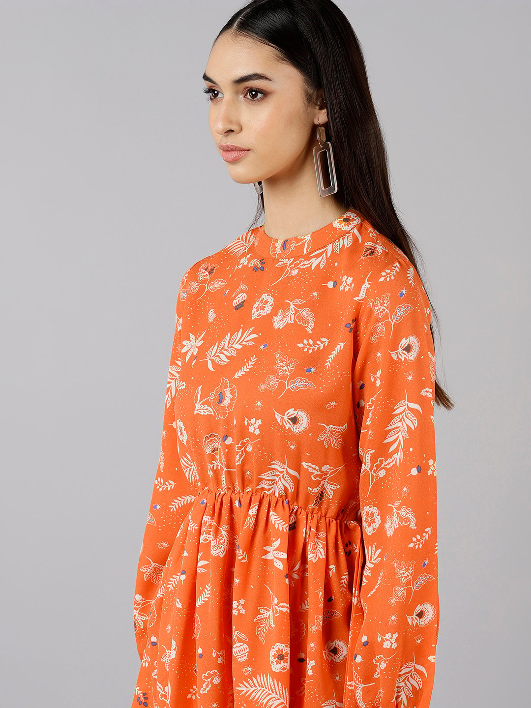 Womens Orange Floral Mandarin Collar Mini Dress with Puff Sleeves