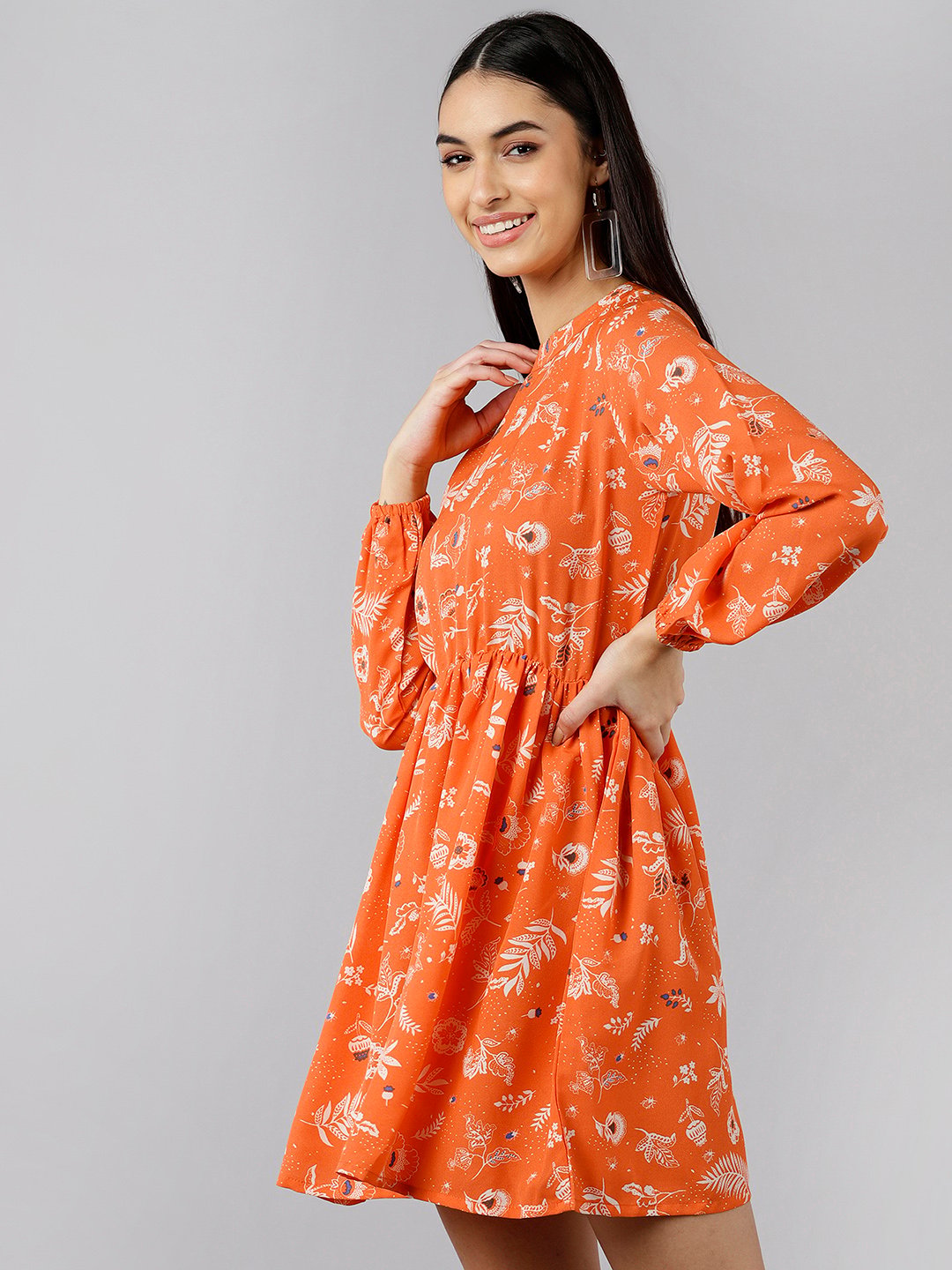 Womens Orange Floral Mandarin Collar Mini Dress with Puff Sleeves