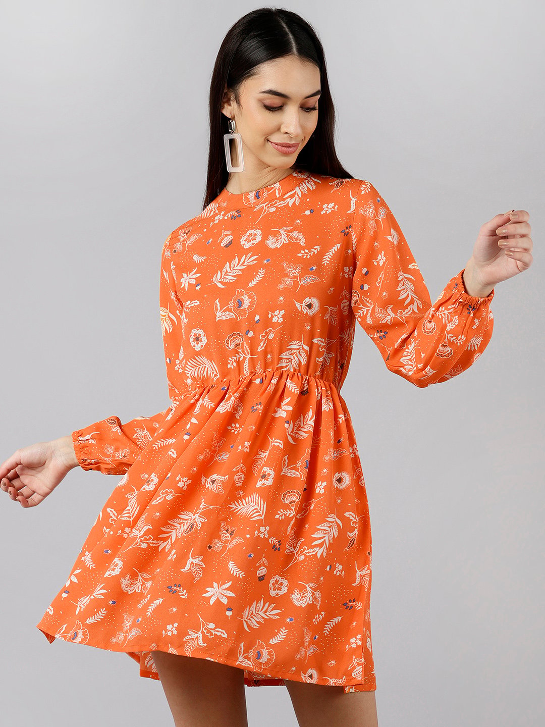 Womens Orange Floral Mandarin Collar Mini Dress with Puff Sleeves