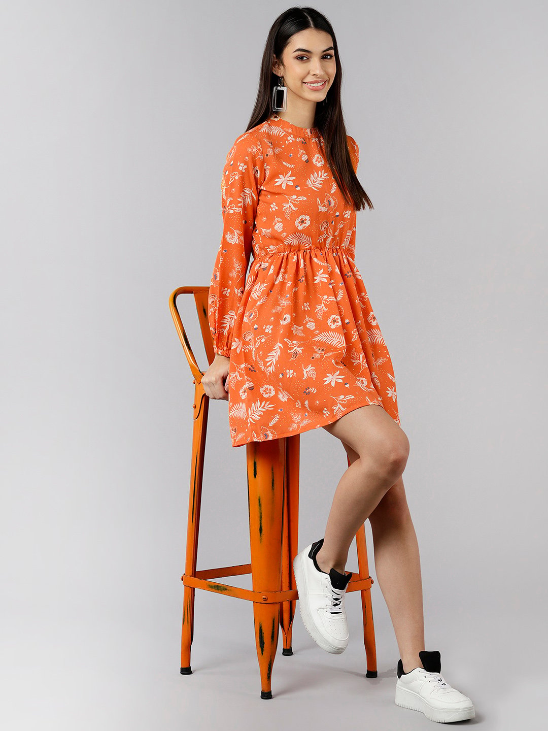 Womens Orange Floral Mandarin Collar Mini Dress with Puff Sleeves