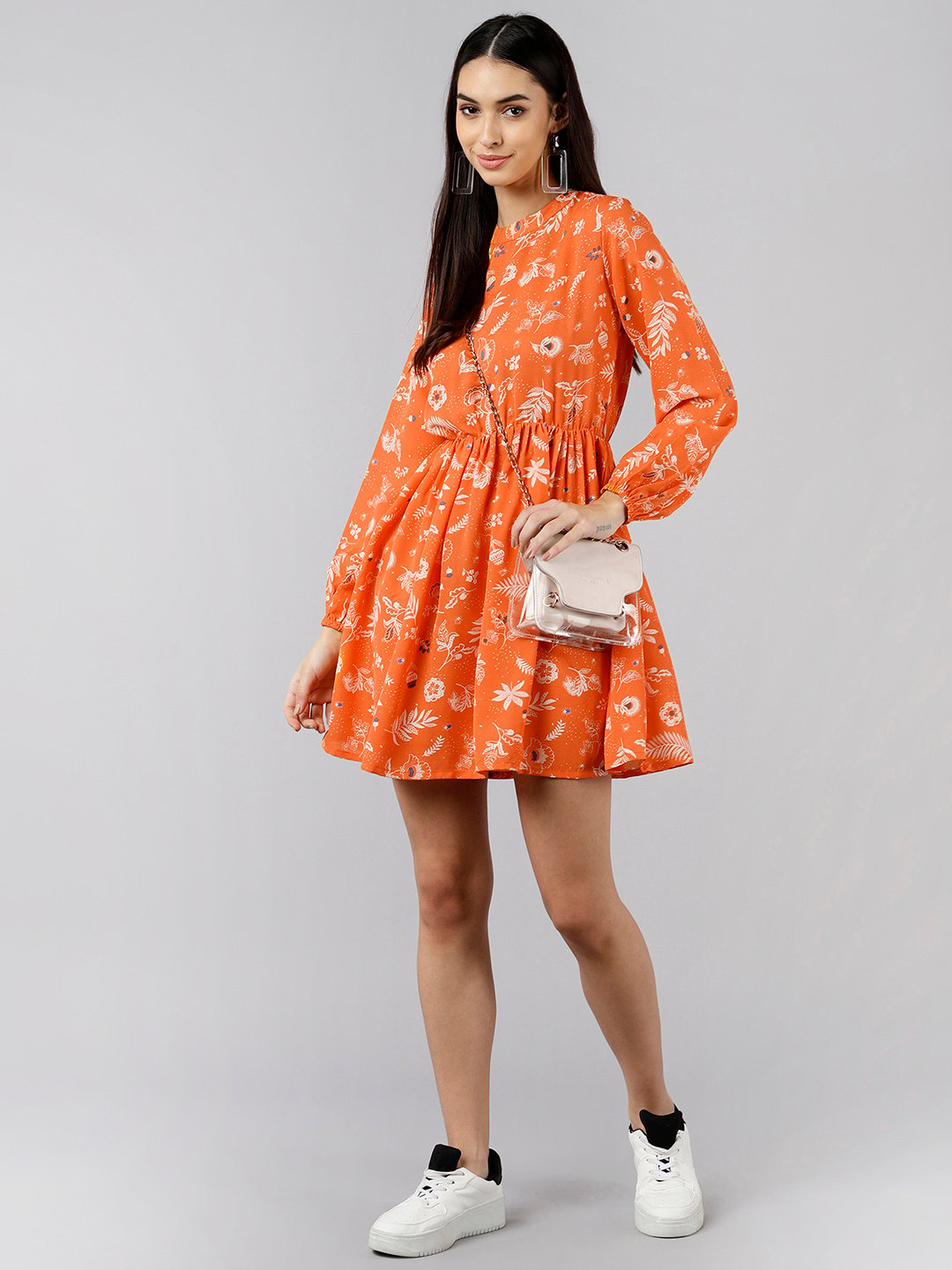 Womens Orange Floral Mandarin Collar Mini Dress with Puff Sleeves