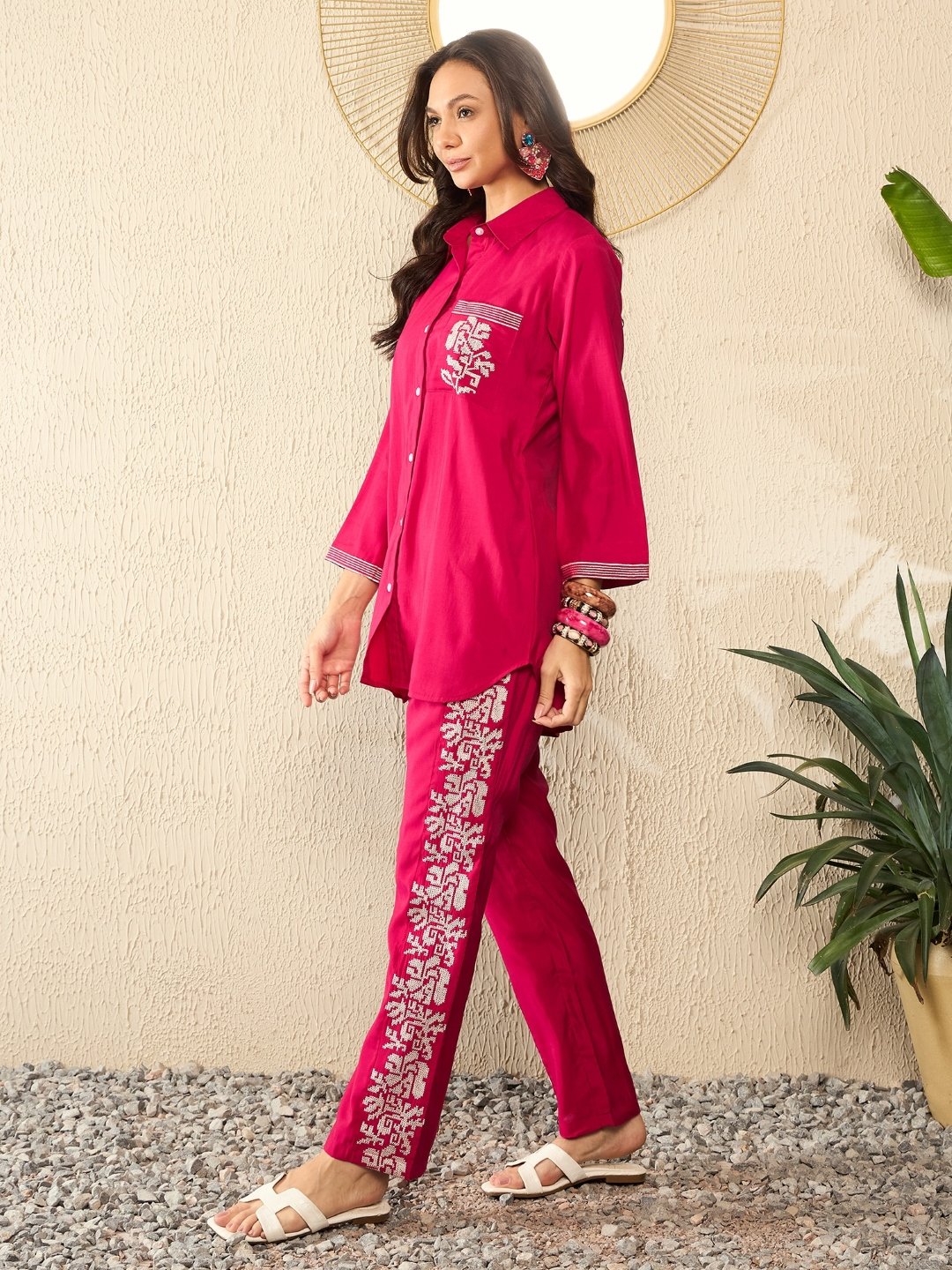 Pink Embroidered Viscose Co-ord Set with Shirt Collar