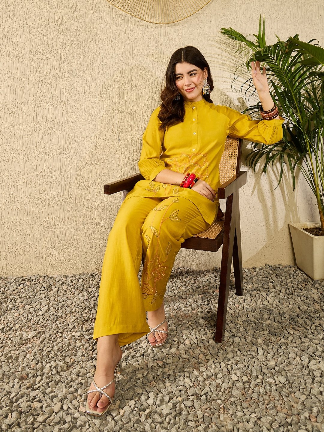 Mustard Embroidered Viscose Co-ord Set with Mandarin Collar