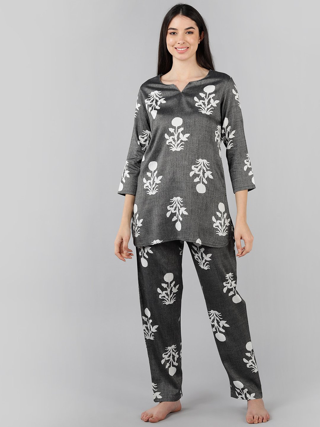 Grey Printed 3/4 Sleeve Cotton Nightdress