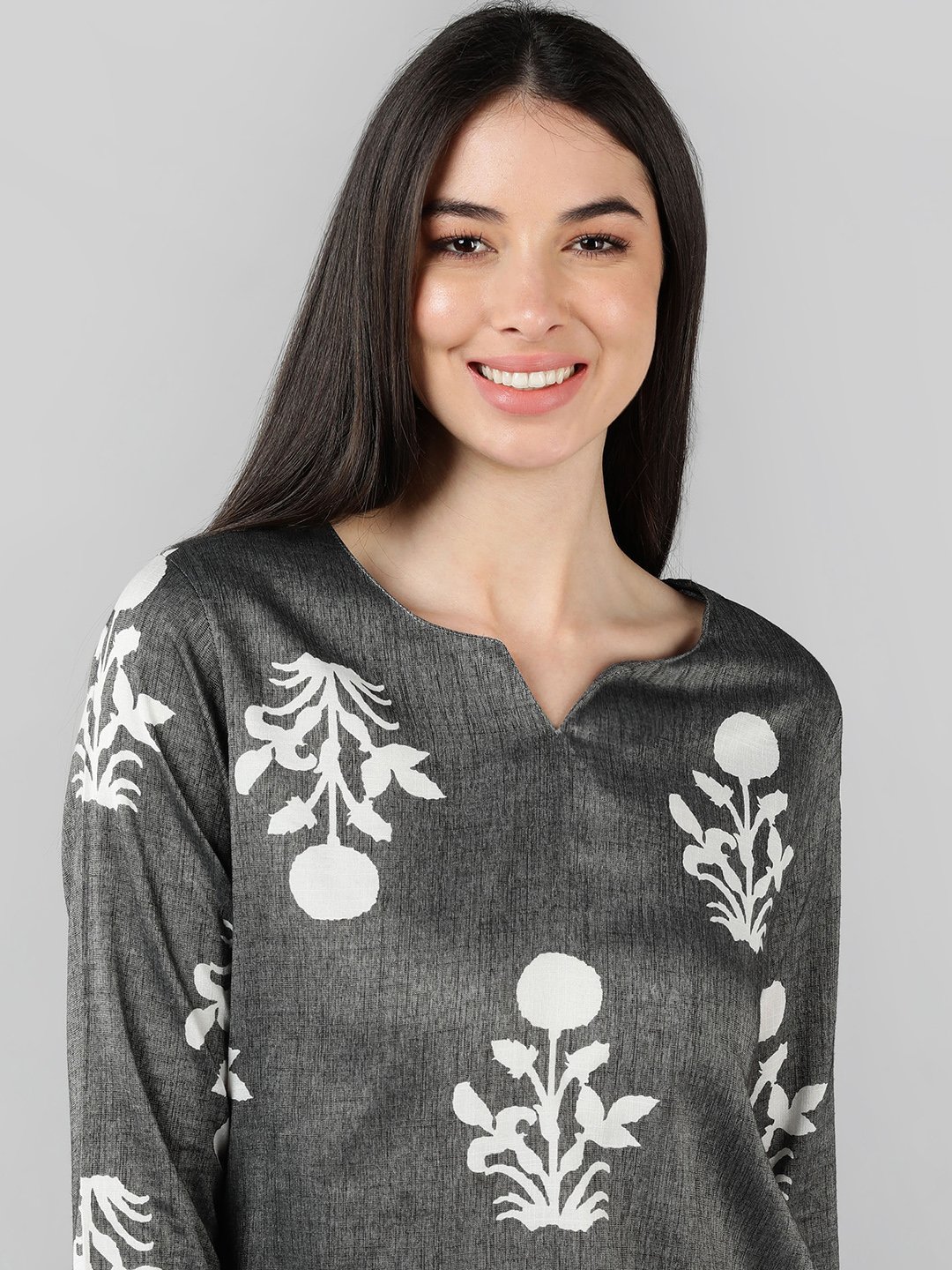 Grey Printed 3/4 Sleeve Cotton Nightdress
