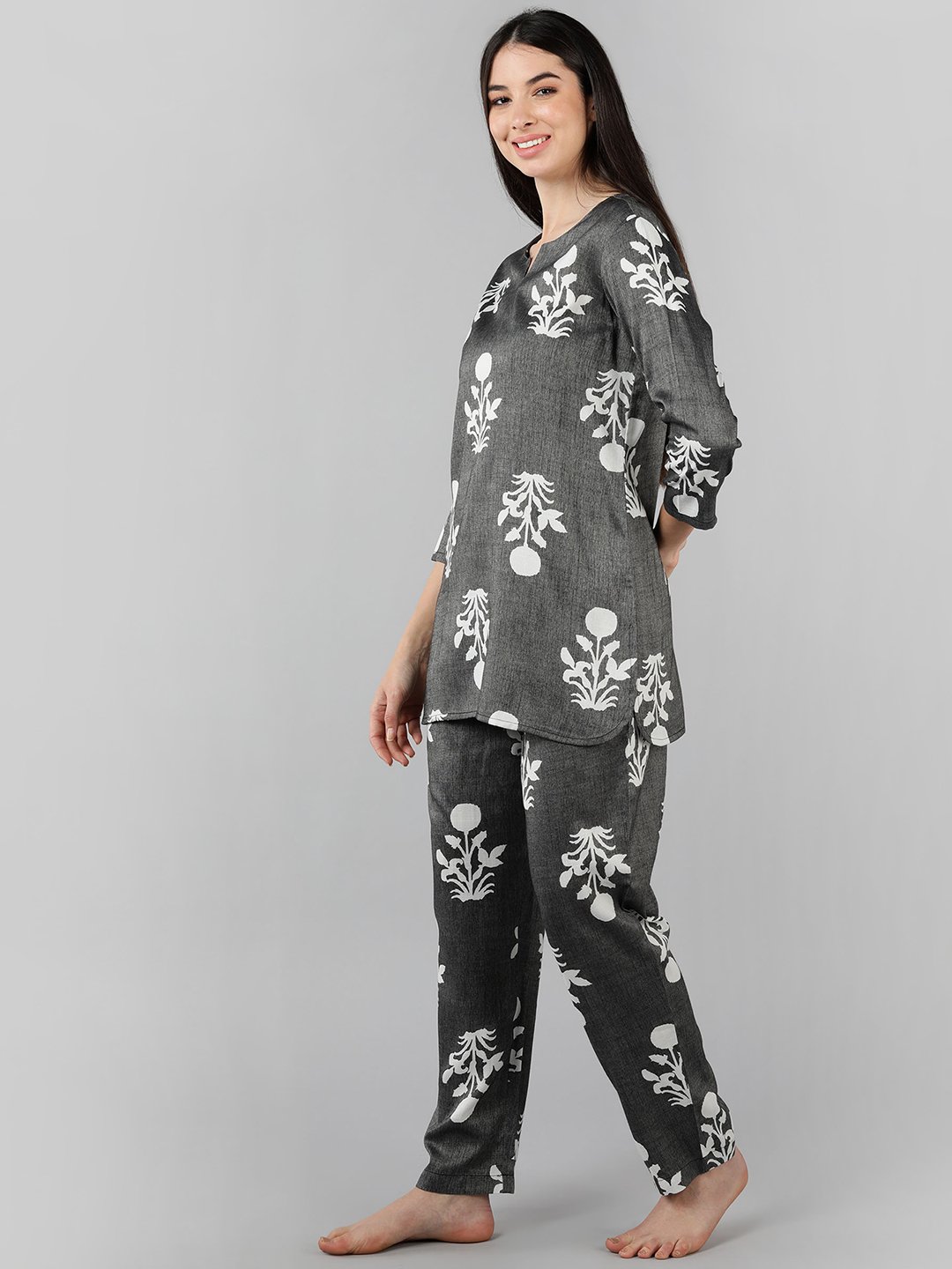 Grey Printed 3/4 Sleeve Cotton Nightdress
