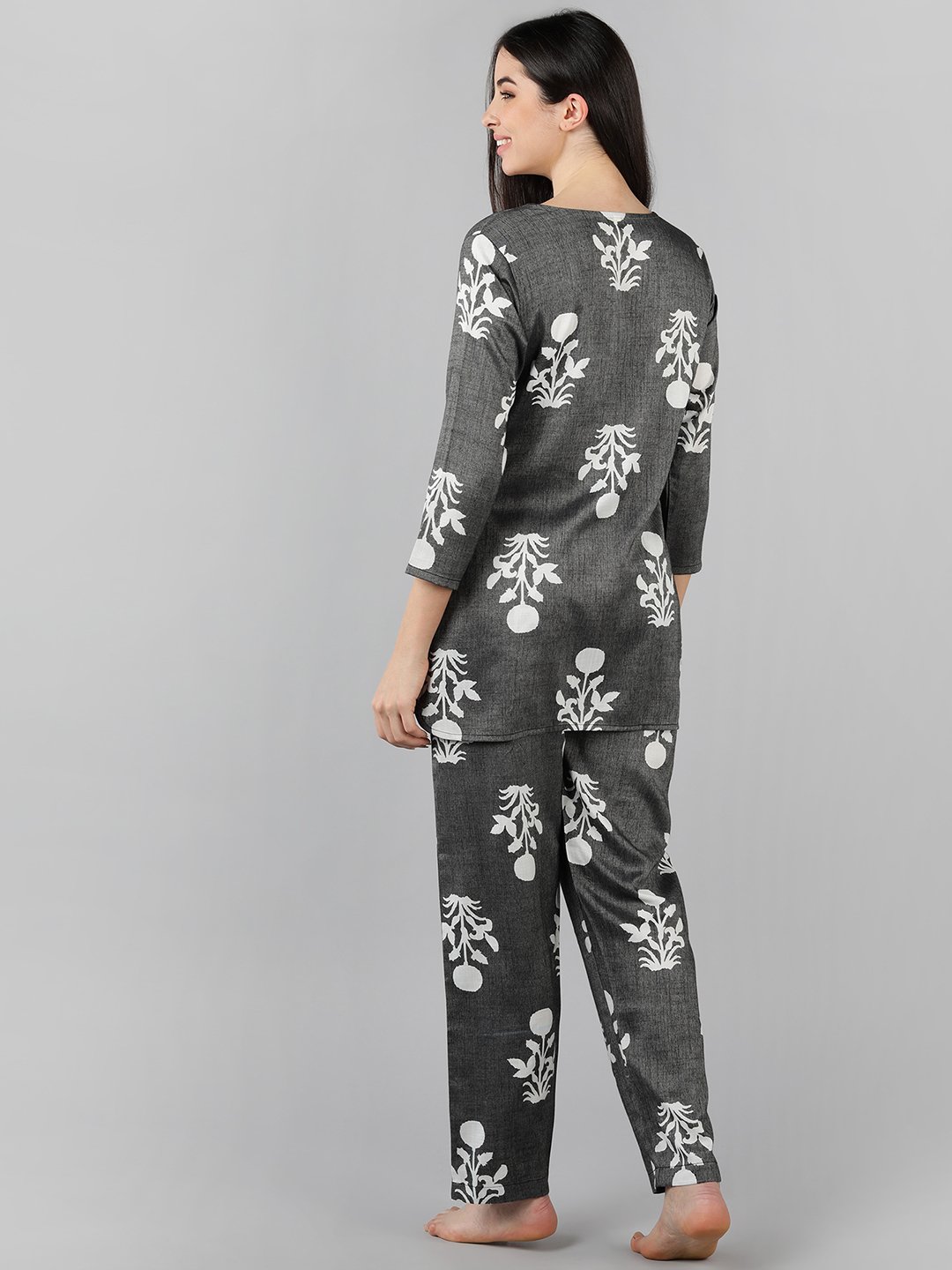 Grey Printed 3/4 Sleeve Cotton Nightdress