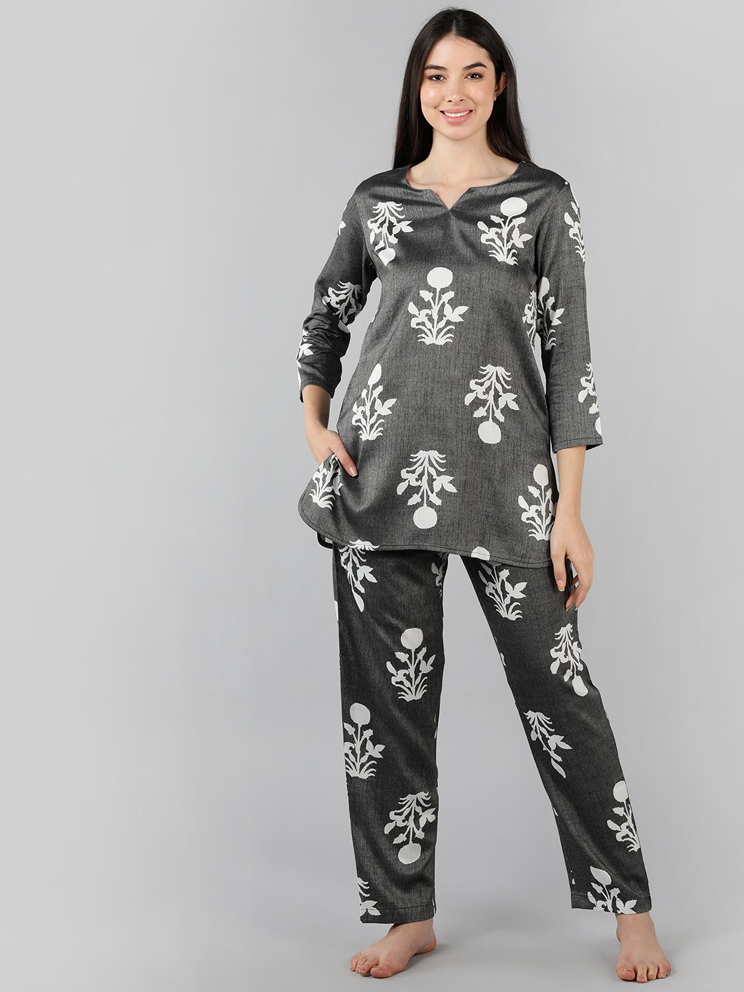 Grey Printed 3/4 Sleeve Cotton Nightdress