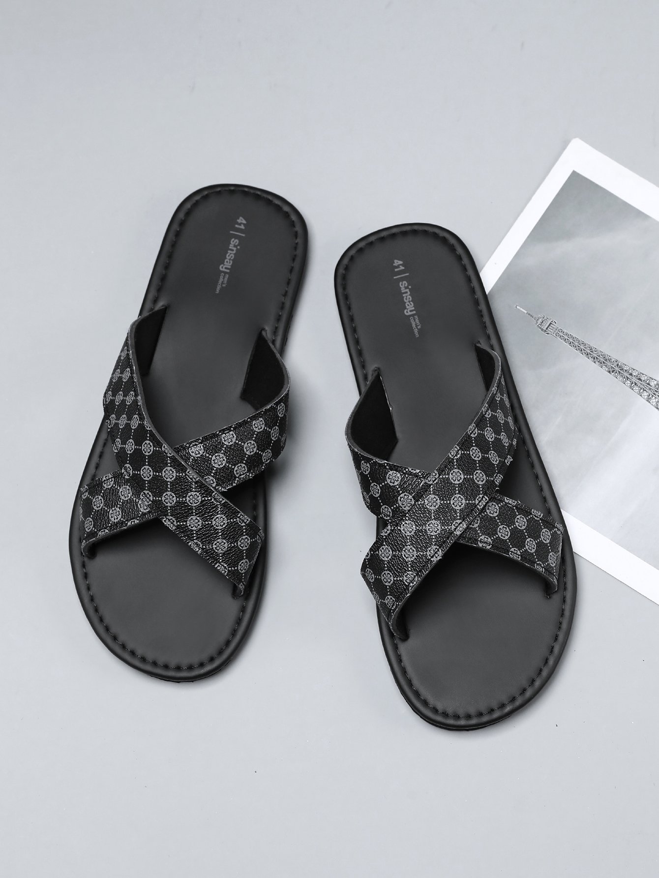 Men Black Patterned Cross-Strap Flip-Flops