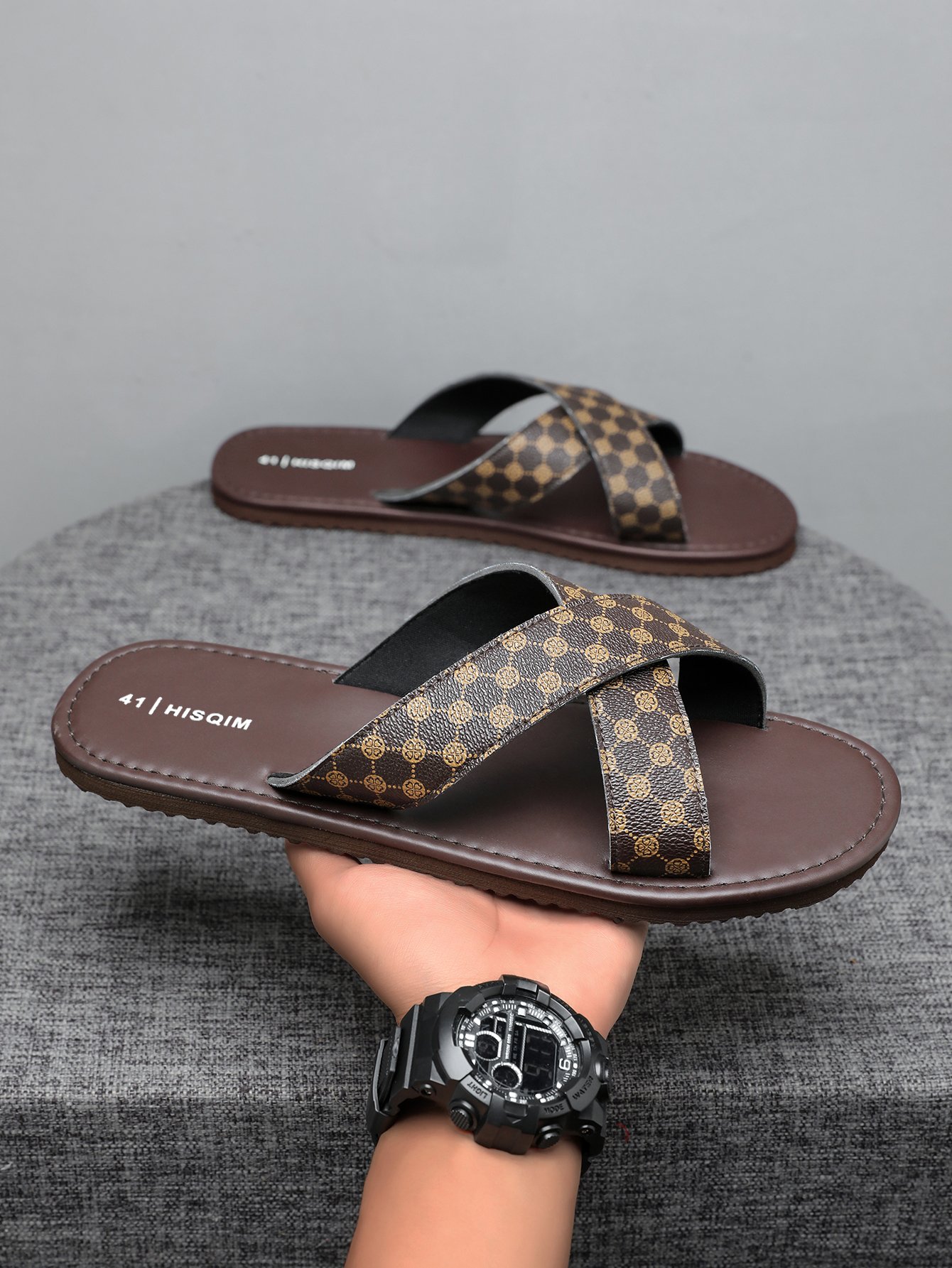 Men Brown Patterned Cross-Strap Flip Flops