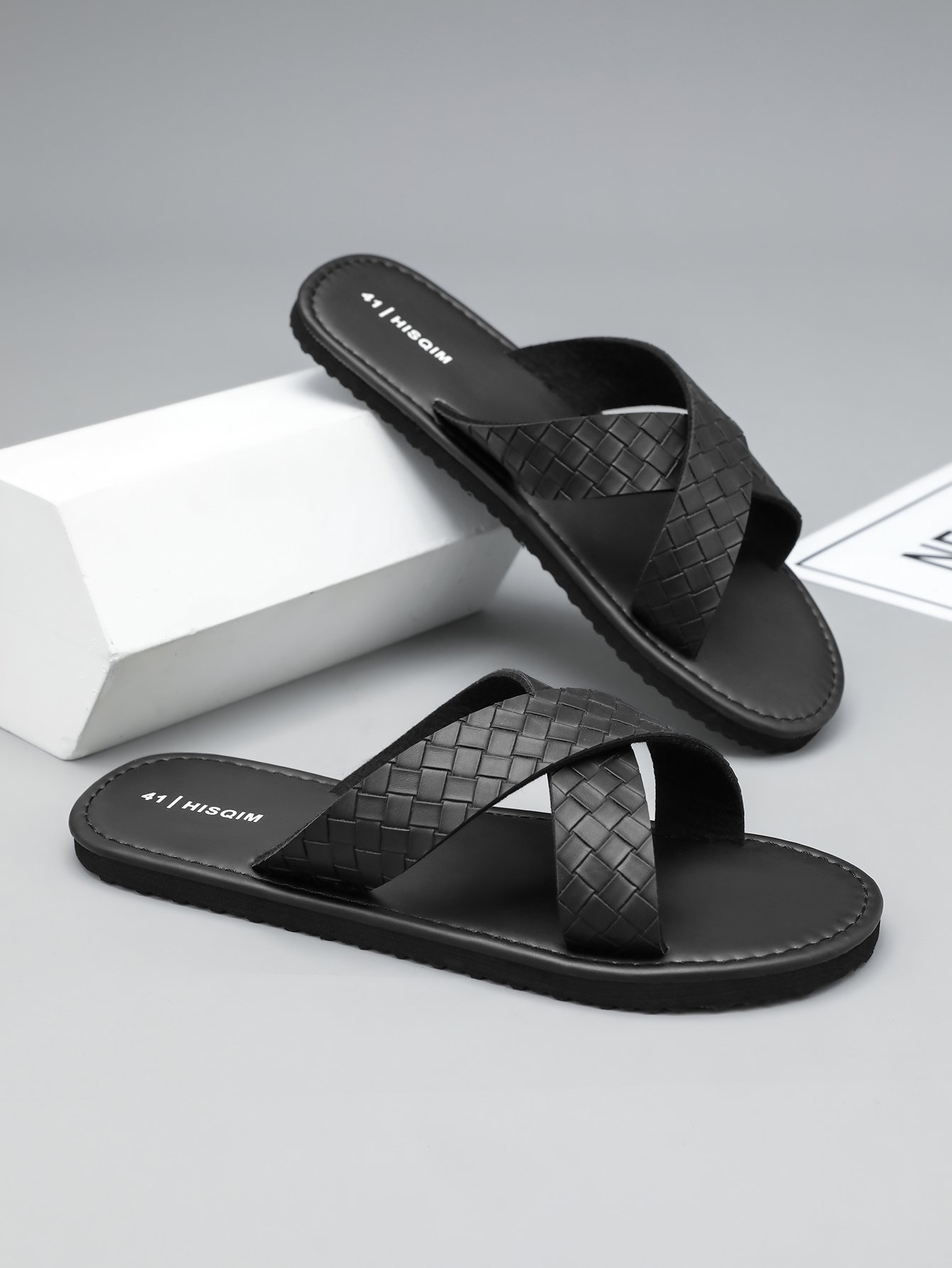 Men Black Woven Strap Flip-Flops