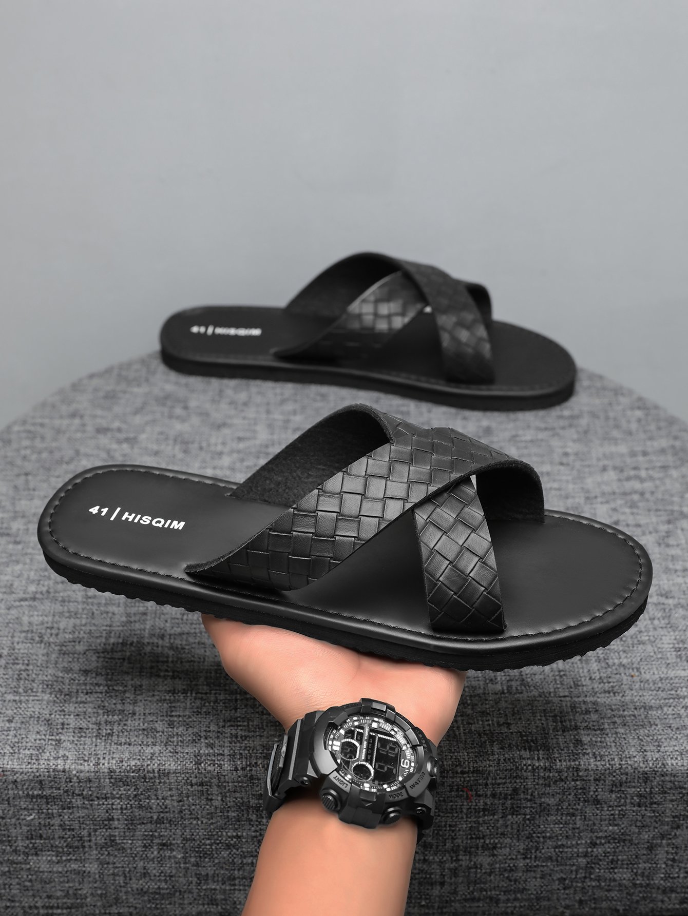 Men Black Woven Strap Flip-Flops