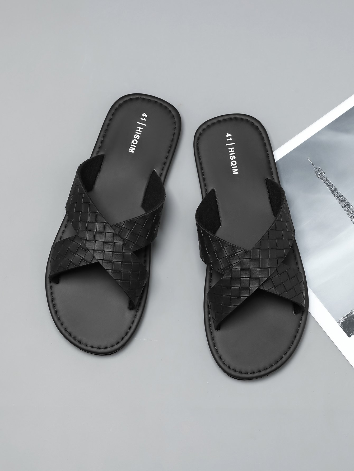 Men Black Woven Strap Flip-Flops