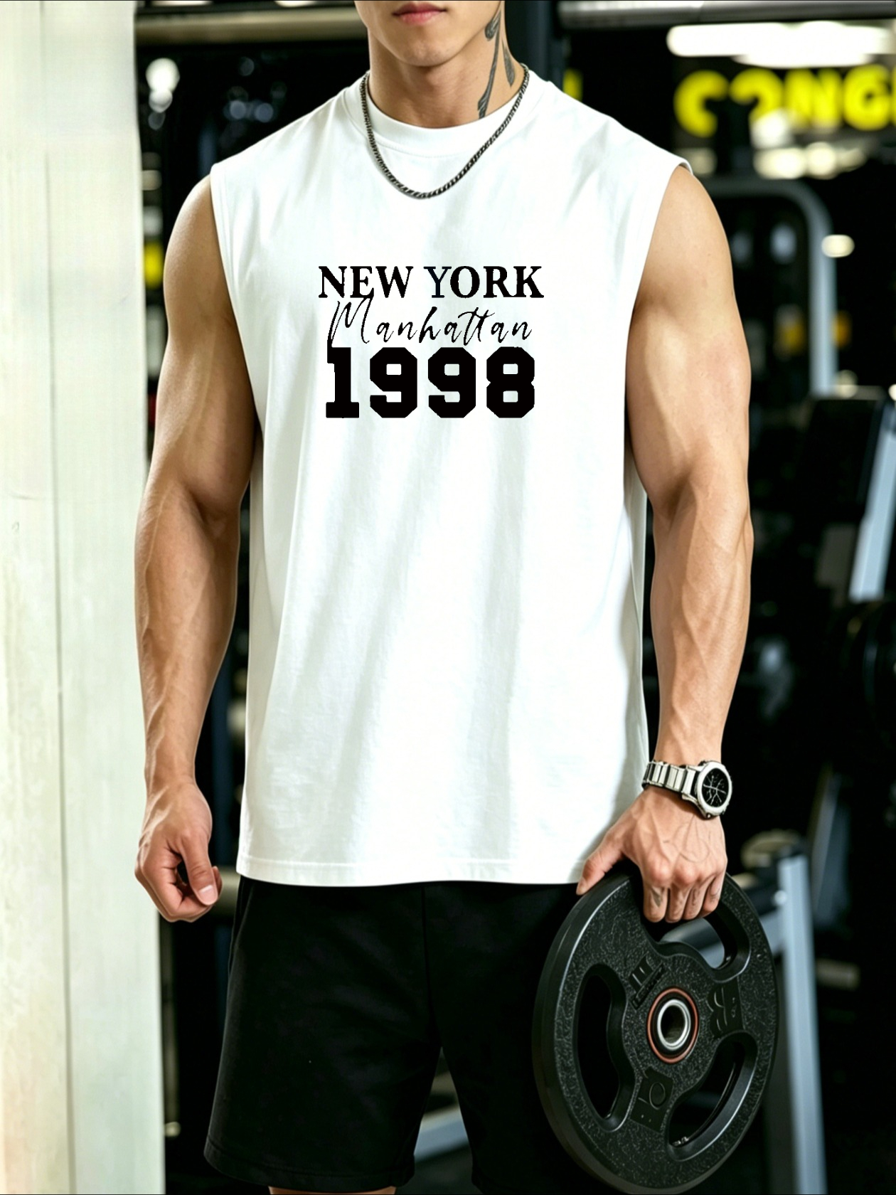 Men White Graphic Print Sleeveless Tank Top