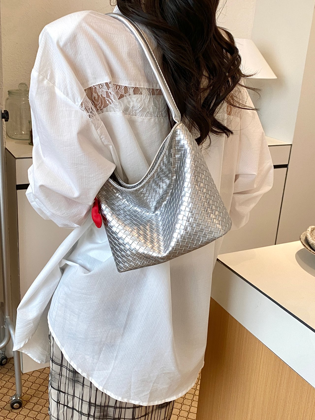 Silver Weave Design Shoulder Bag with Charm