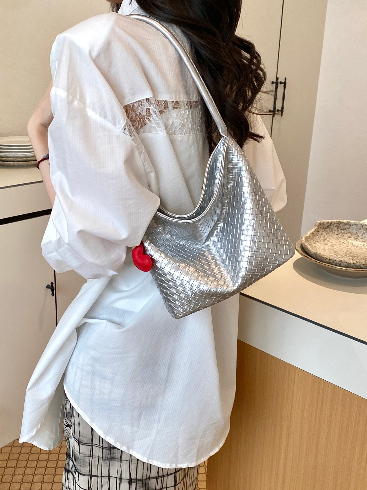 Silver Weave Design Shoulder Bag with Charm