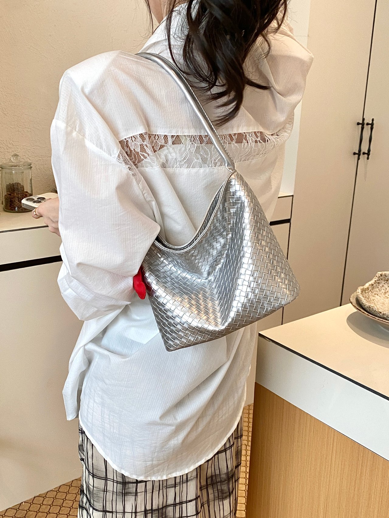 Silver Weave Design Shoulder Bag with Charm