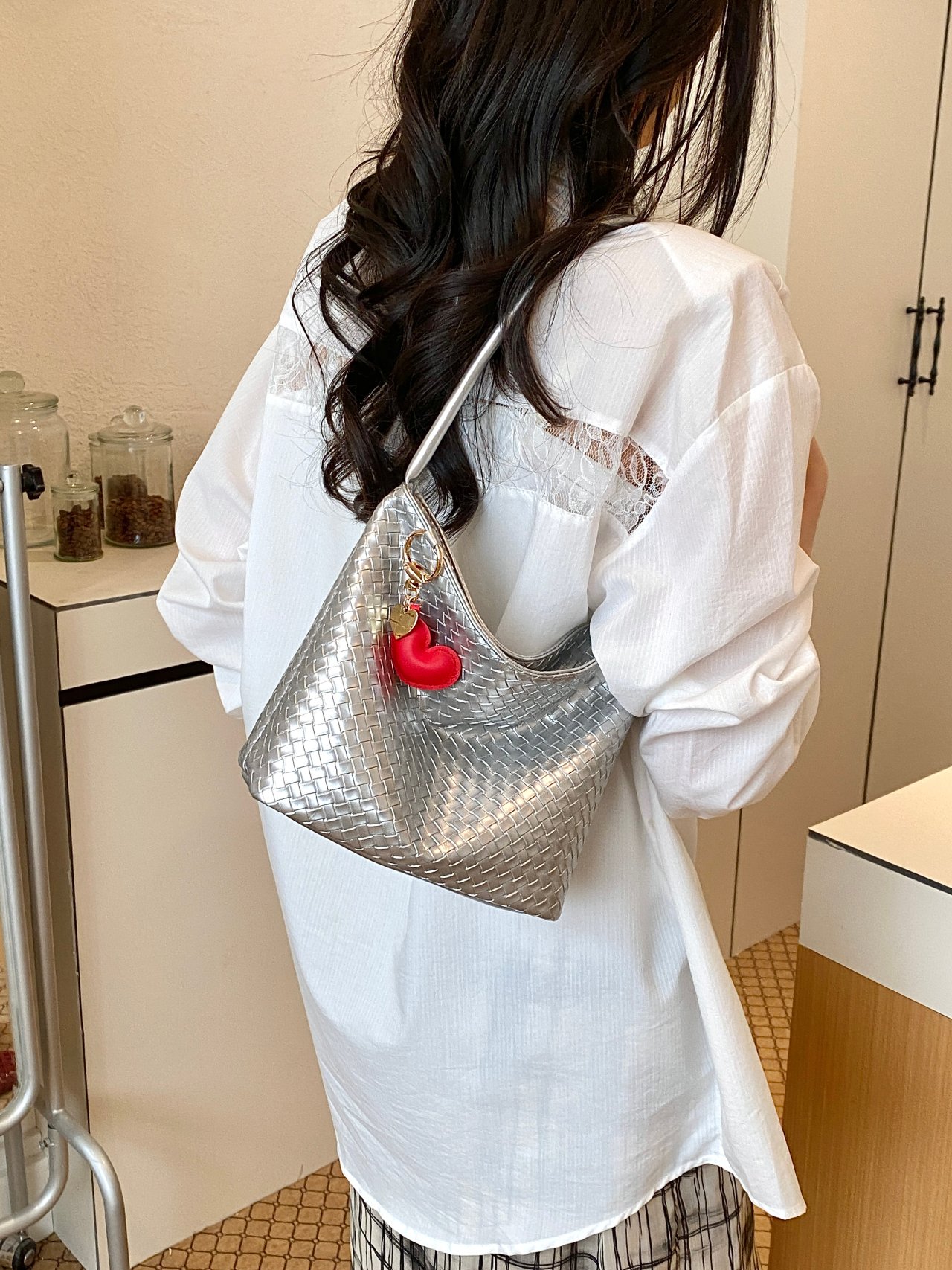 Silver Weave Design Shoulder Bag with Charm