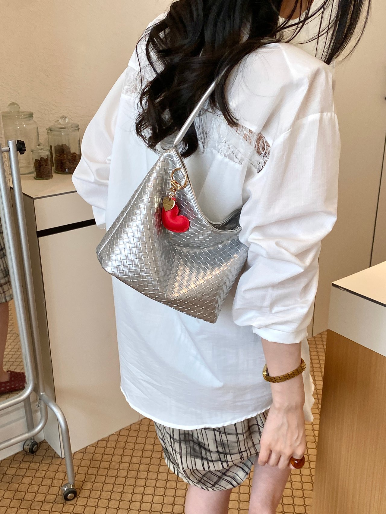 Silver Weave Design Shoulder Bag with Charm
