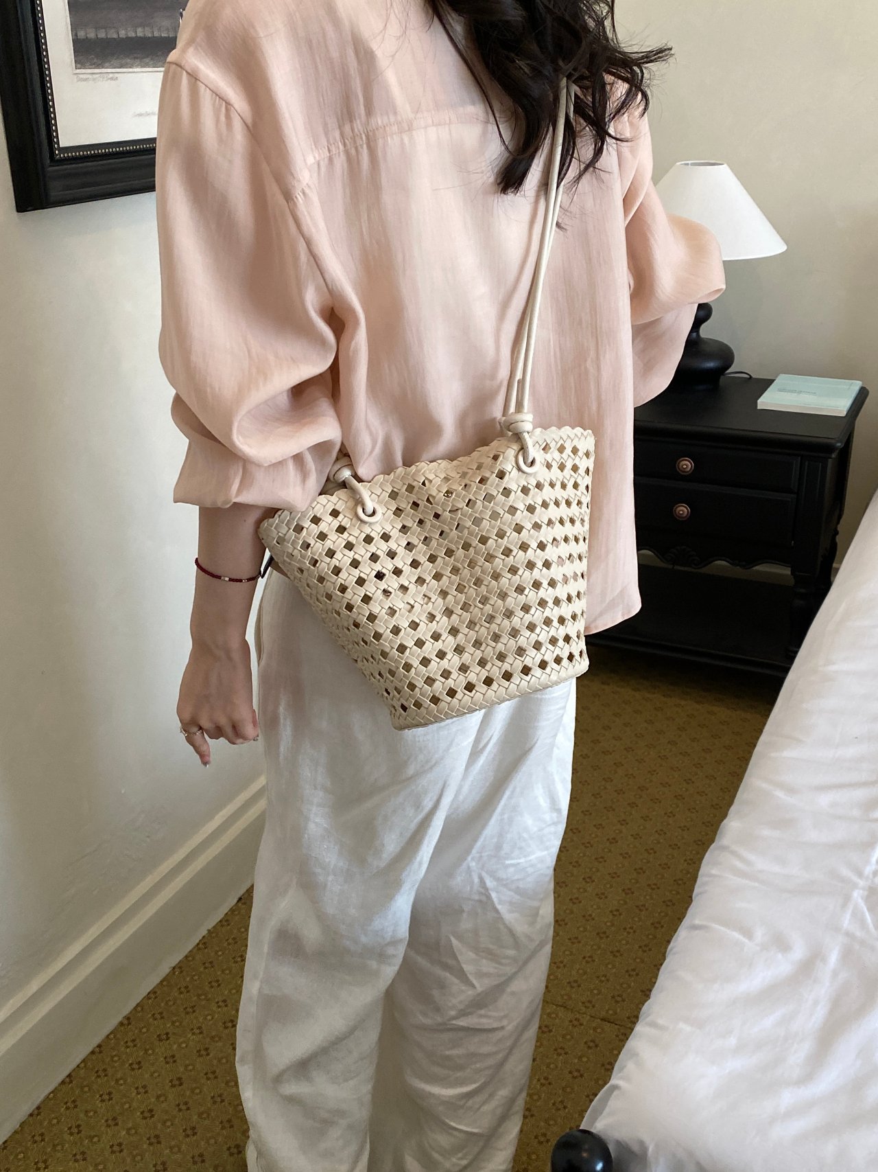 Off White Basket Weave Design Crossbody Bag