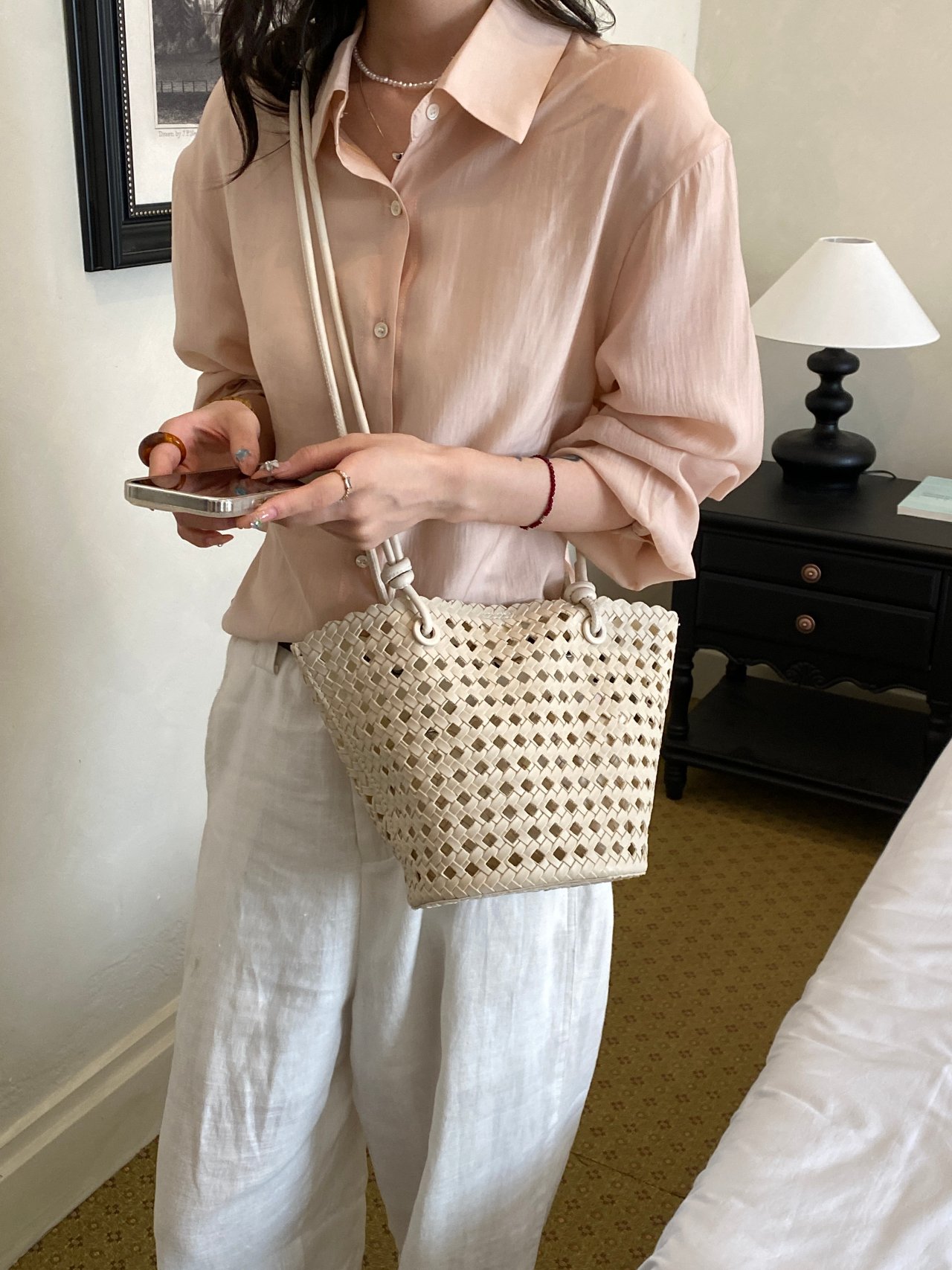 Off White Basket Weave Design Crossbody Bag