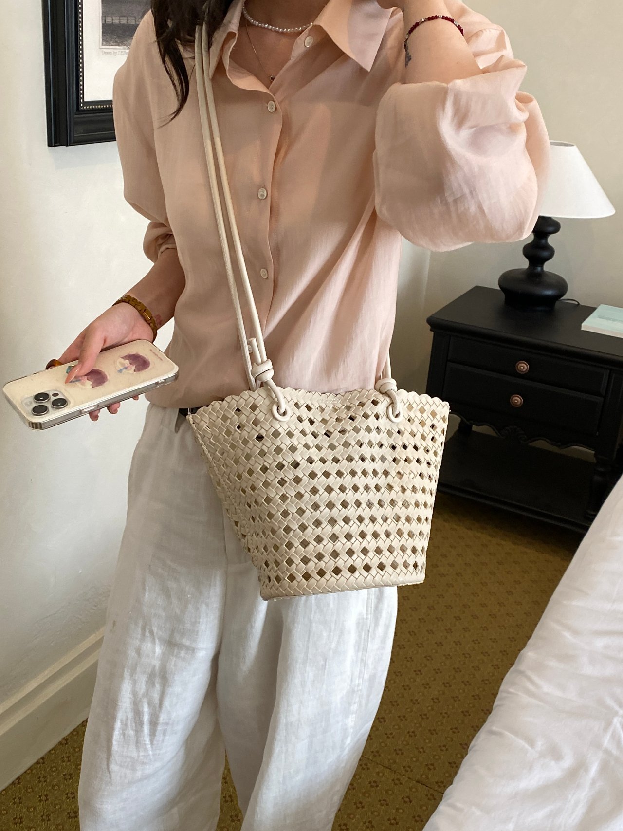 Off White Basket Weave Design Crossbody Bag