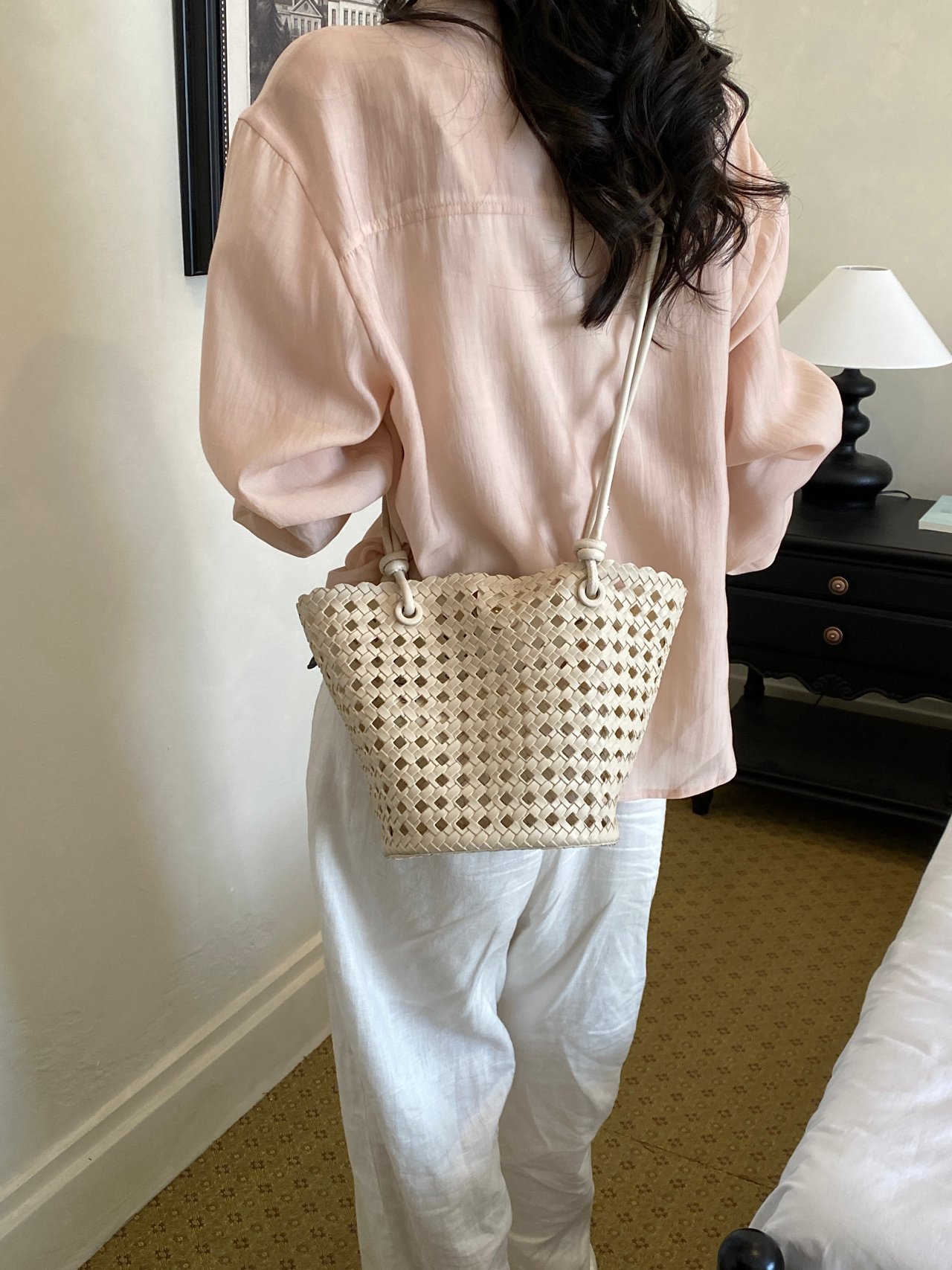 Off White Basket Weave Design Crossbody Bag