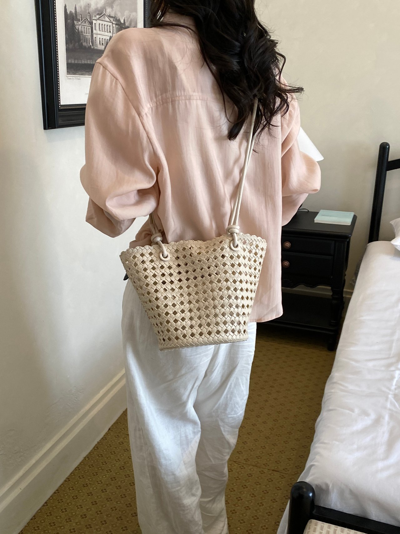Off White Basket Weave Design Crossbody Bag
